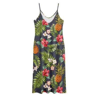 Tropical Hawaii Pineapple Pattern Print Jersey Midi Cami Dress