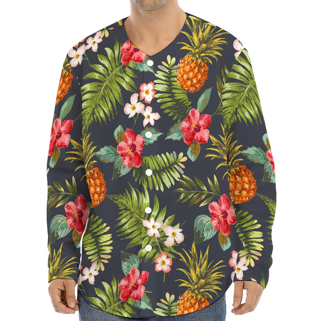 Tropical Hawaii Pineapple Pattern Print Long Sleeve Baseball Jersey