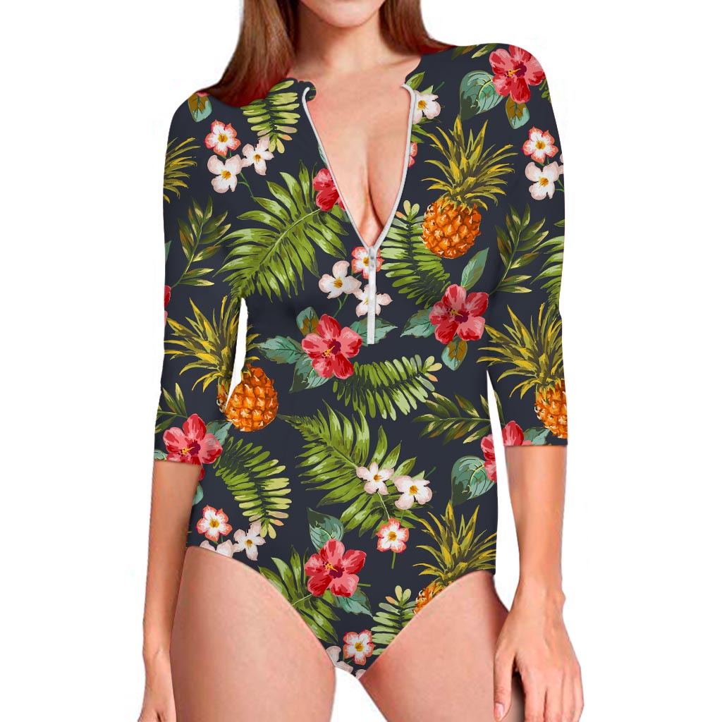 Tropical Hawaii Pineapple Pattern Print Long Sleeve Swimsuit