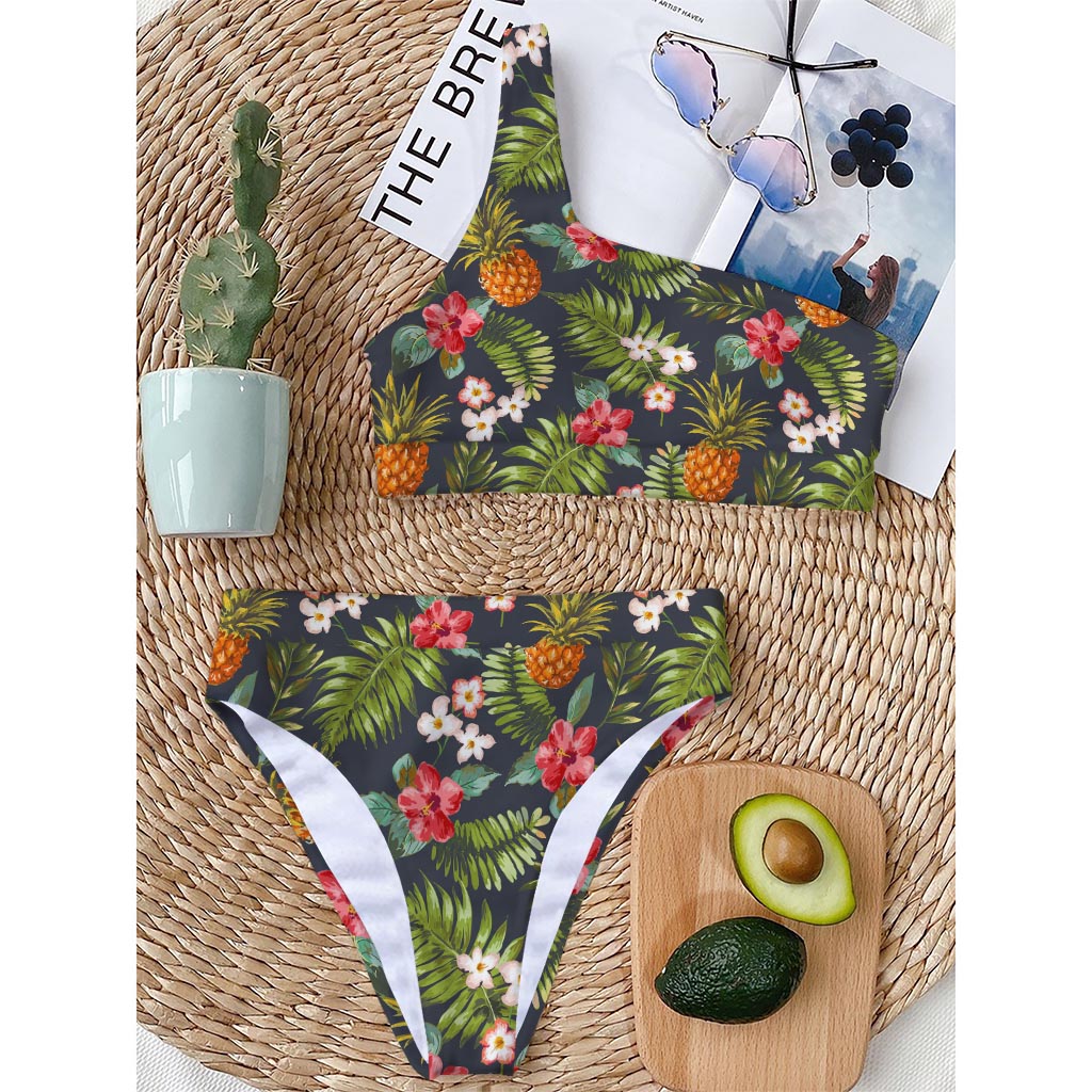 Tropical Hawaii Pineapple Pattern Print One Shoulder Bikini Top
