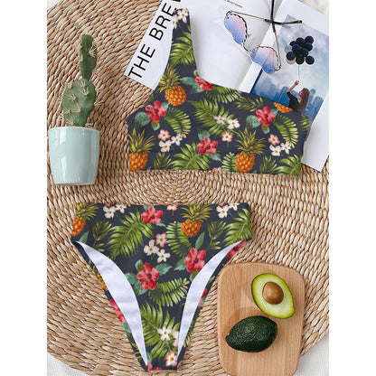 Tropical Hawaii Pineapple Pattern Print One Shoulder Bikini Top