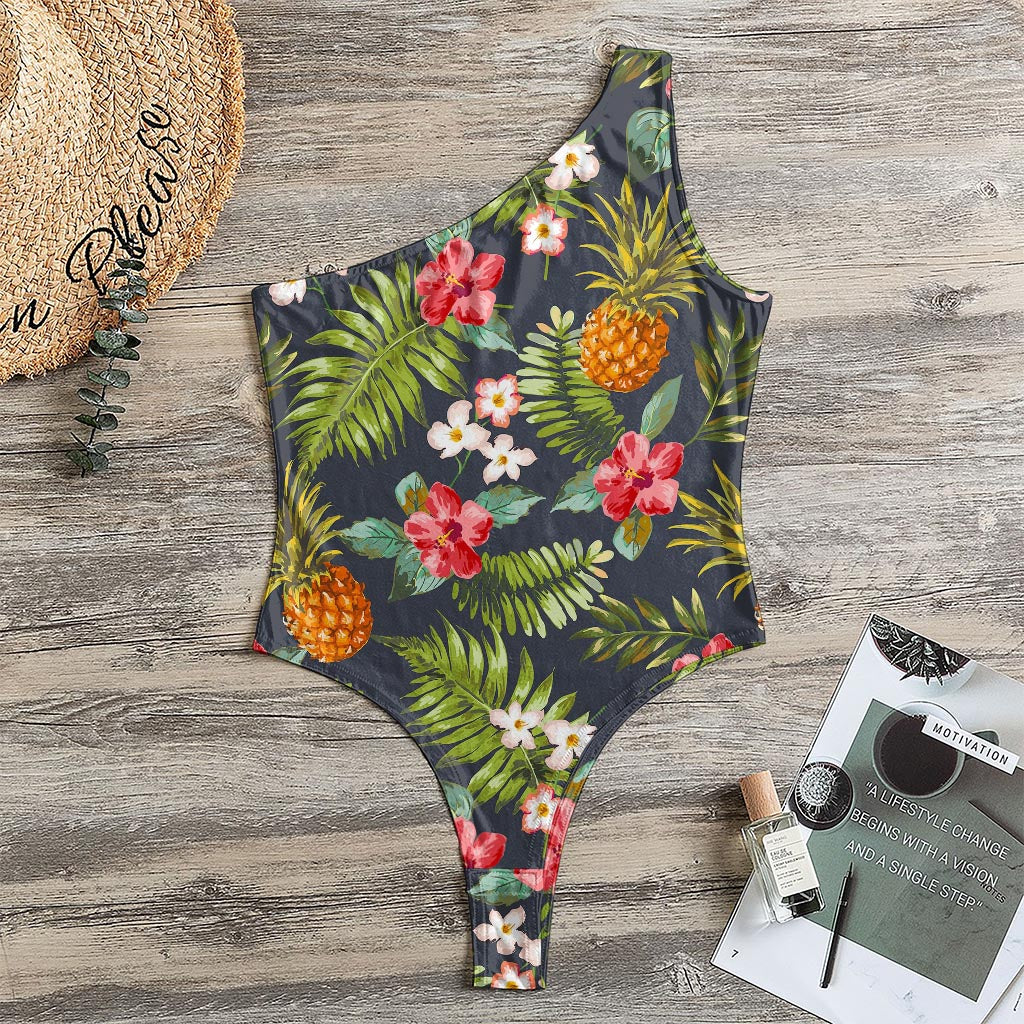 Tropical Hawaii Pineapple Pattern Print One Shoulder Bodysuit
