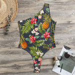Tropical Hawaii Pineapple Pattern Print One Shoulder Bodysuit