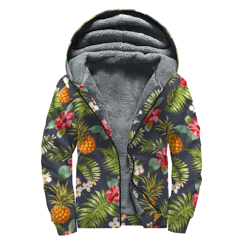 Tropical Hawaii Pineapple Pattern Print Sherpa Lined Zip Up Hoodie