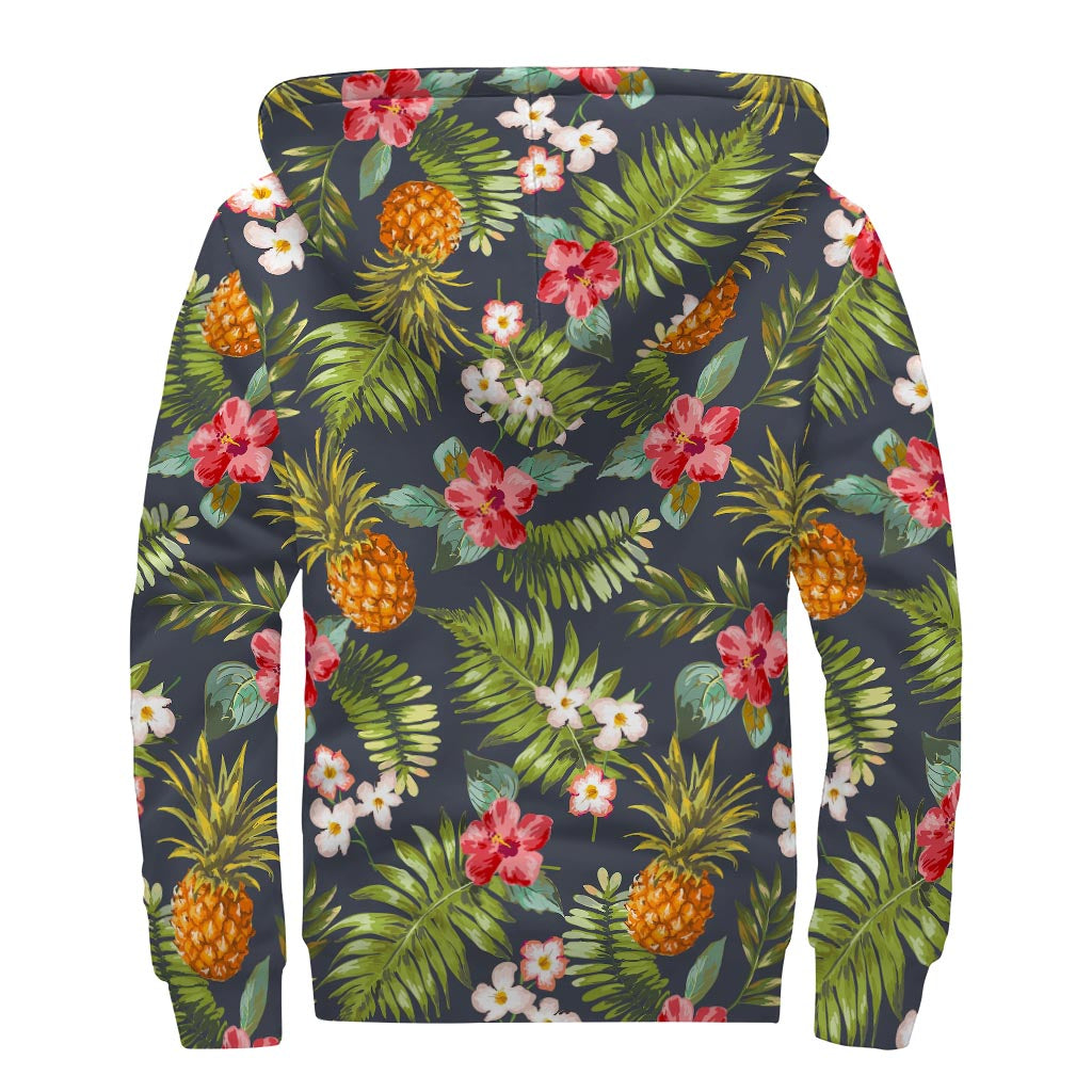 Tropical Hawaii Pineapple Pattern Print Sherpa Lined Zip Up Hoodie