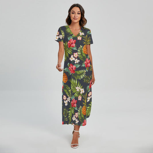 Tropical Hawaii Pineapple Pattern Print Short Sleeve Maxi Dress