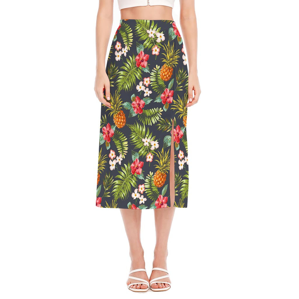 Tropical Hawaii Pineapple Pattern Print Side Slit Midi Skirt