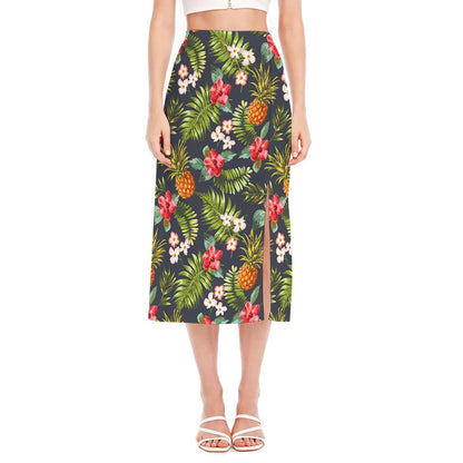Tropical Hawaii Pineapple Pattern Print Side Slit Midi Skirt