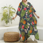 Tropical Hawaii Pineapple Pattern Print Silk V-Neck Kaftan Dress
