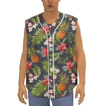 Tropical Hawaii Pineapple Pattern Print Sleeveless Baseball Jersey