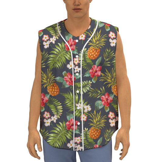Tropical Hawaii Pineapple Pattern Print Sleeveless Baseball Jersey