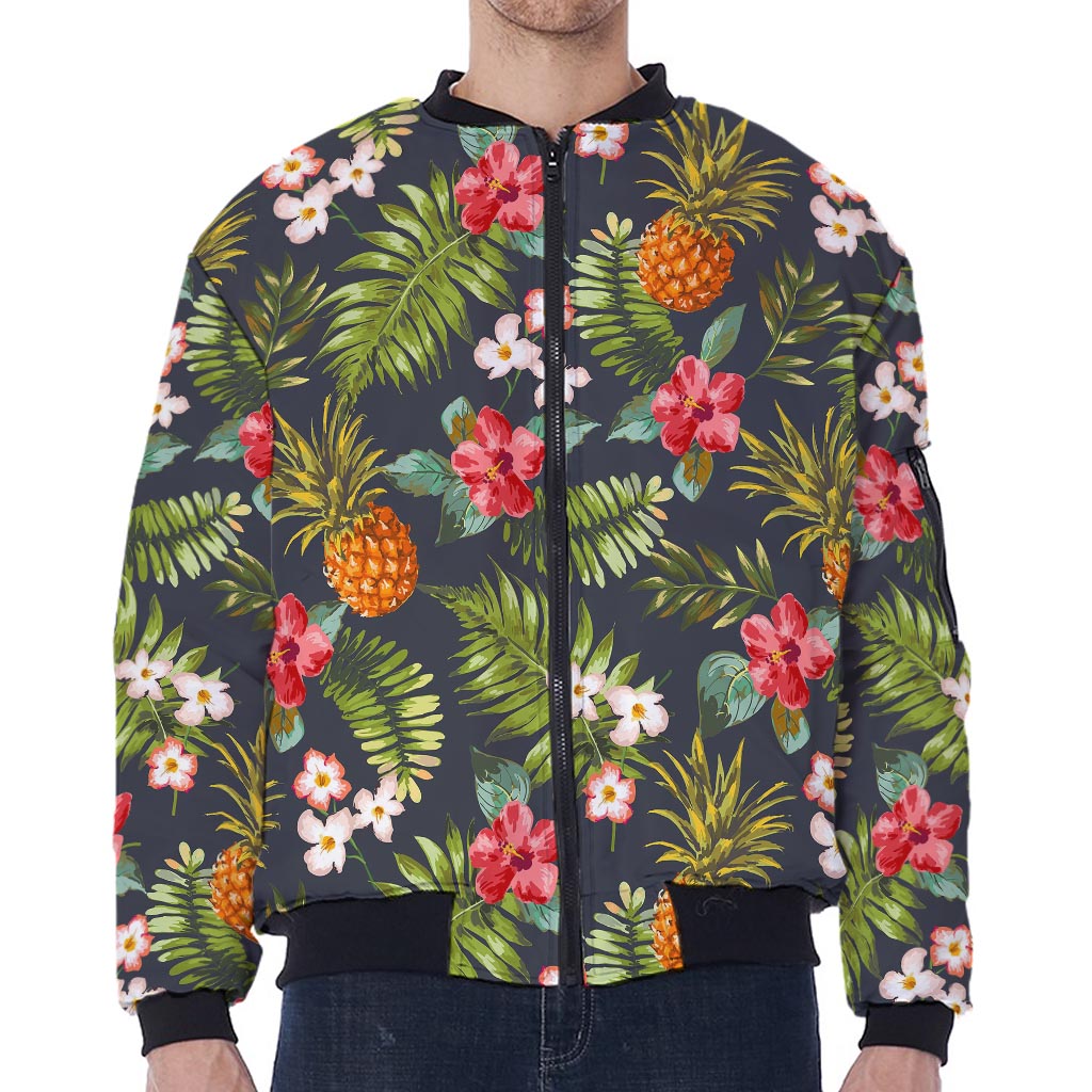 Tropical Hawaii Pineapple Pattern Print Zip Sleeve Bomber Jacket