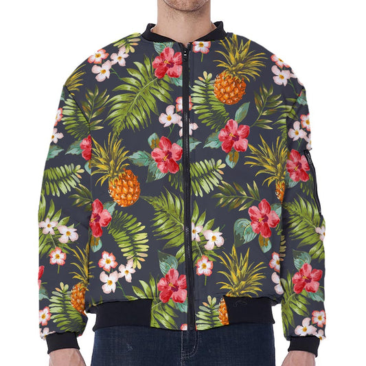 Tropical Hawaii Pineapple Pattern Print Zip Sleeve Bomber Jacket