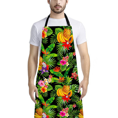 Tropical Hawaiian Fruits Pattern Print Bib Apron With Pocket