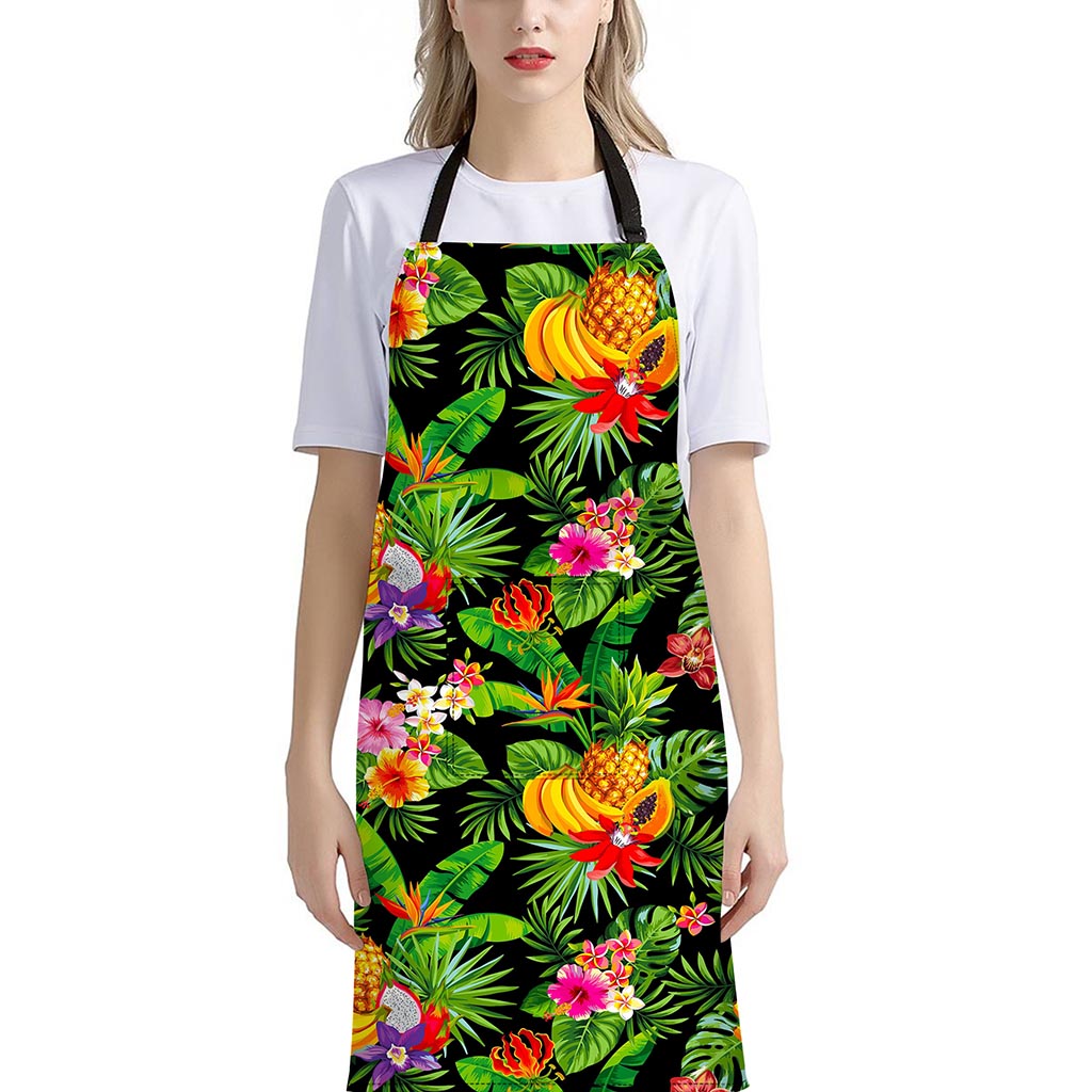 Tropical Hawaiian Fruits Pattern Print Bib Apron With Pocket