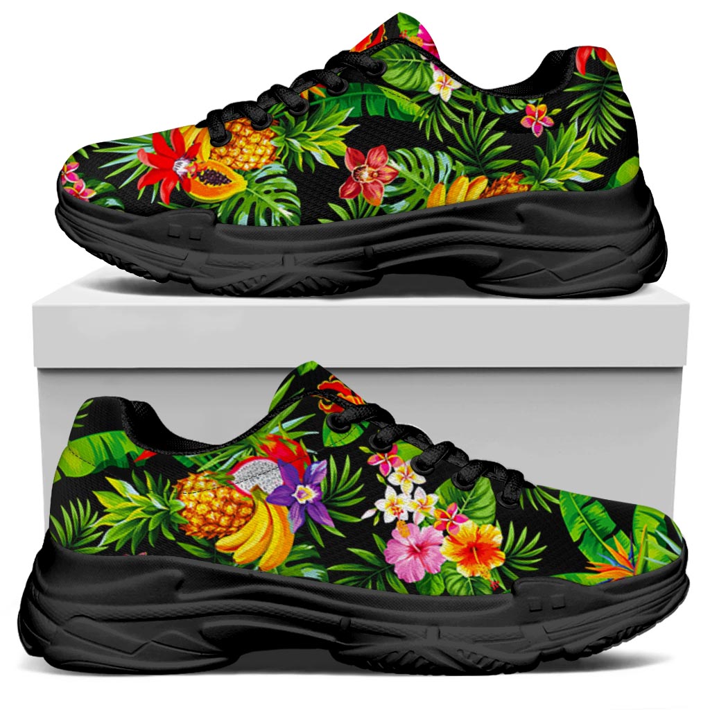 Tropical Hawaiian Fruits Pattern Print Black Chunky Shoes
