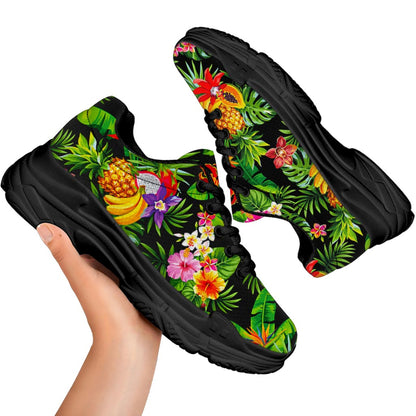 Tropical Hawaiian Fruits Pattern Print Black Chunky Shoes