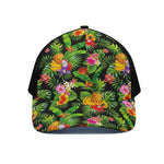 Tropical Hawaiian Fruits Pattern Print Black Mesh Trucker Cap