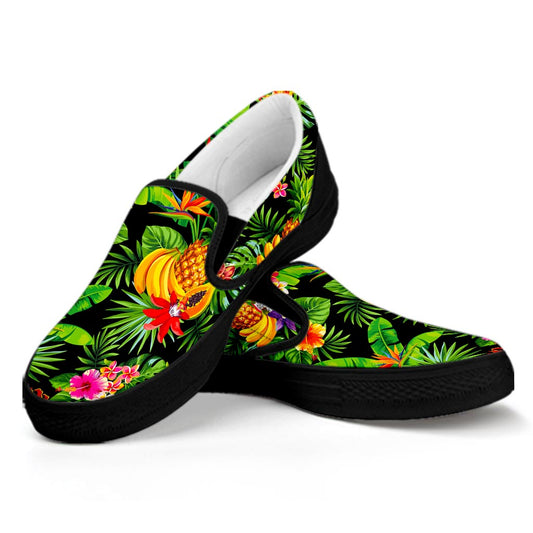 Tropical Hawaiian Fruits Pattern Print Black Slip On Sneakers