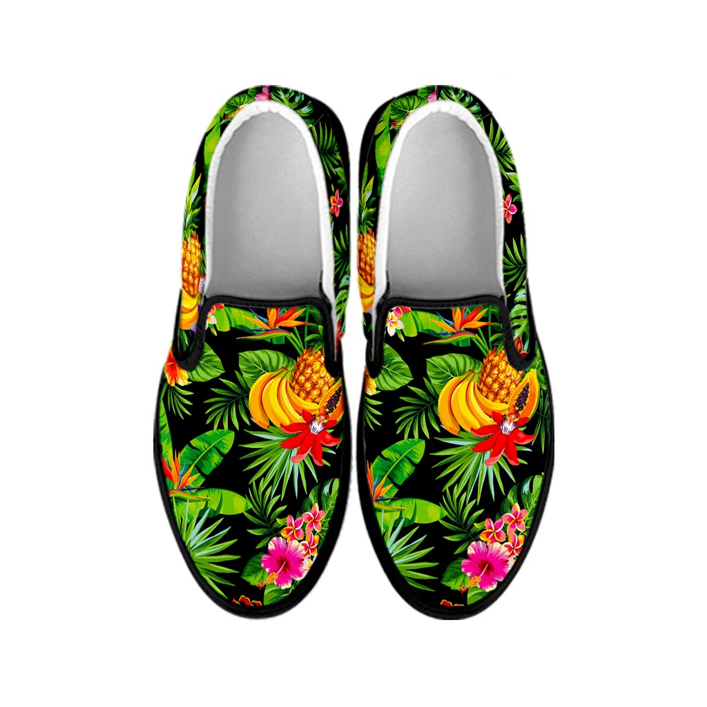 Tropical Hawaiian Fruits Pattern Print Black Slip On Sneakers