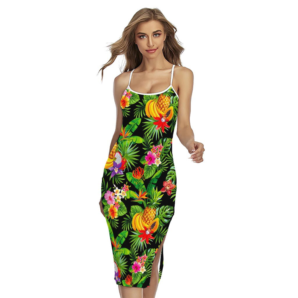 Tropical Hawaiian Fruits Pattern Print Cross Back Cami Dress