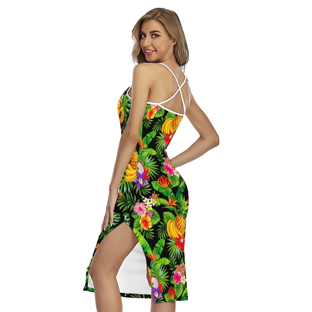 Tropical Hawaiian Fruits Pattern Print Cross Back Cami Dress
