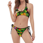Tropical Hawaiian Fruits Pattern Print Halter Scoop Tie Side Bikini