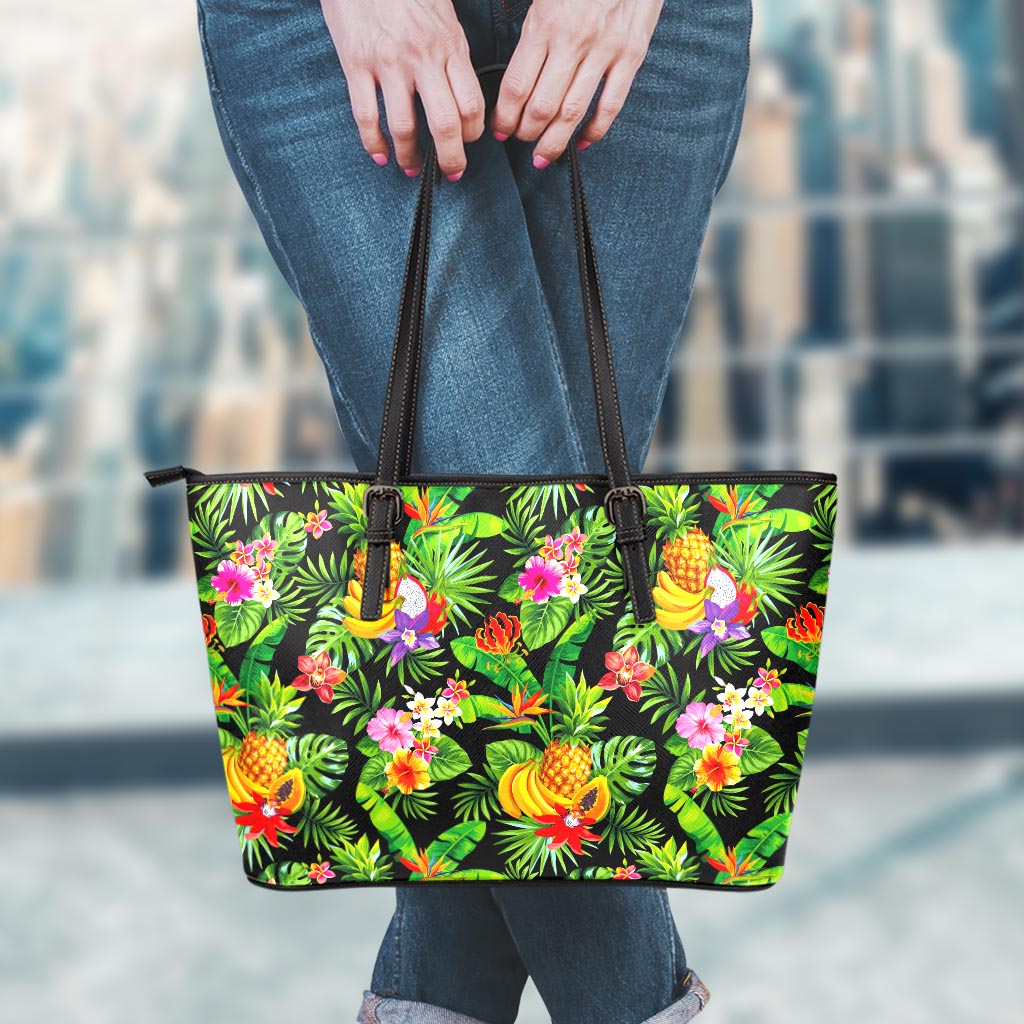 Tropical Hawaiian Fruits Pattern Print Leather Tote Bag