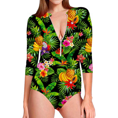 Tropical Hawaiian Fruits Pattern Print Long Sleeve Swimsuit