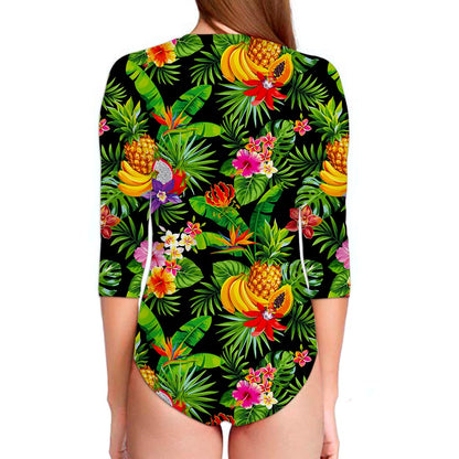 Tropical Hawaiian Fruits Pattern Print Long Sleeve Swimsuit