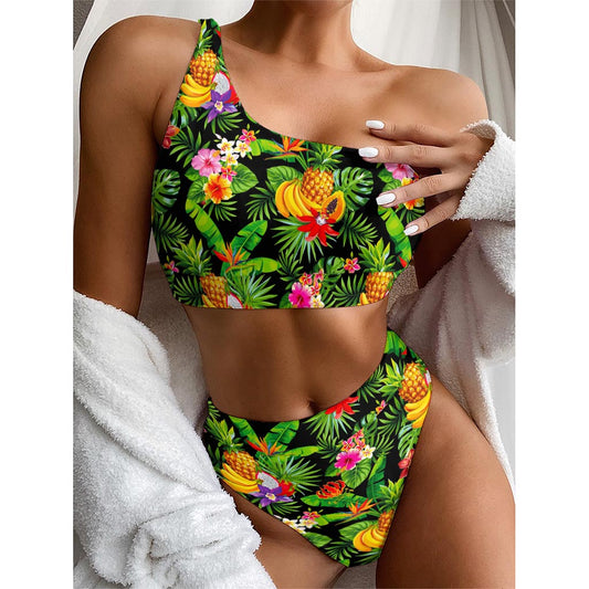 Tropical Hawaiian Fruits Pattern Print One Shoulder Bikini Top