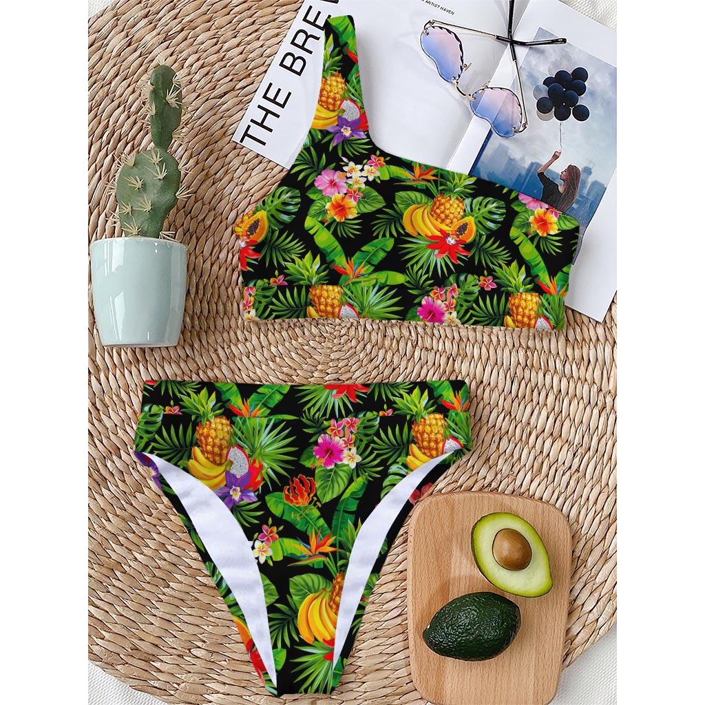 Tropical Hawaiian Fruits Pattern Print One Shoulder Bikini Top