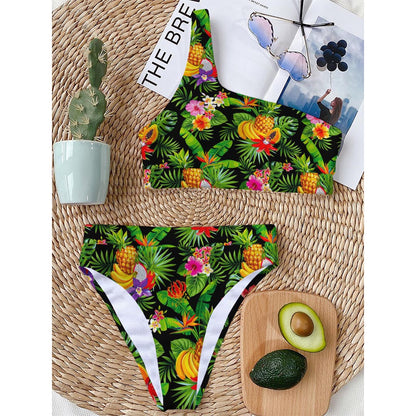 Tropical Hawaiian Fruits Pattern Print One Shoulder Bikini Top
