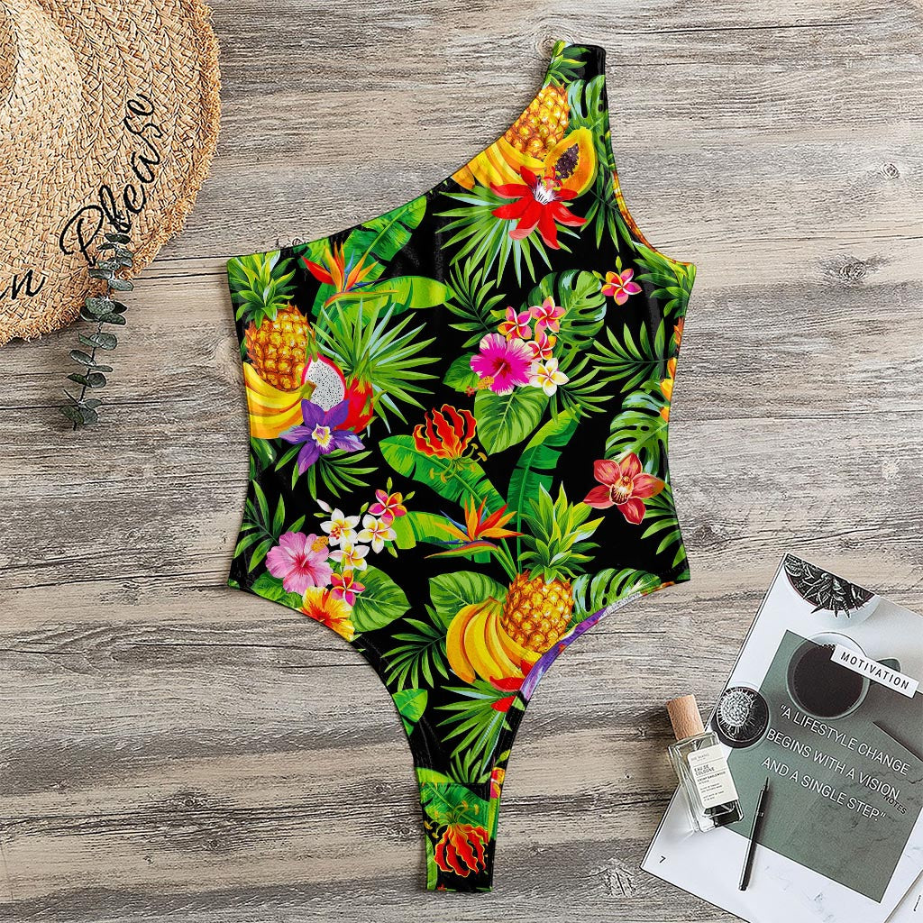 Tropical Hawaiian Fruits Pattern Print One Shoulder Bodysuit