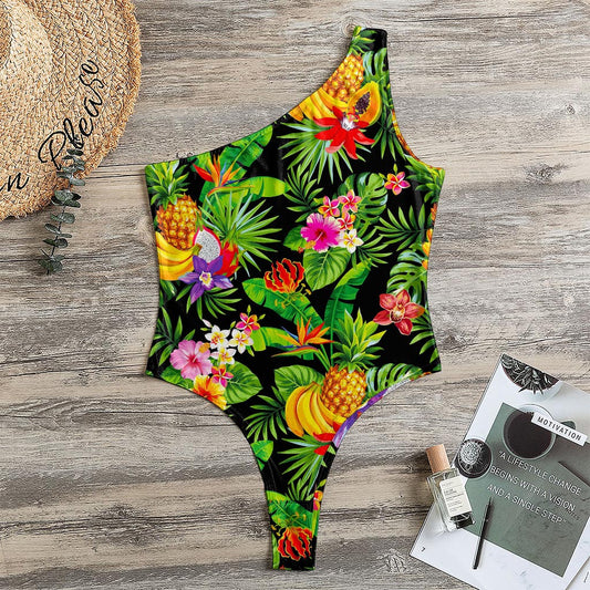 Tropical Hawaiian Fruits Pattern Print One Shoulder Bodysuit