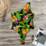 Tropical Hawaiian Fruits Pattern Print One Shoulder Bodysuit