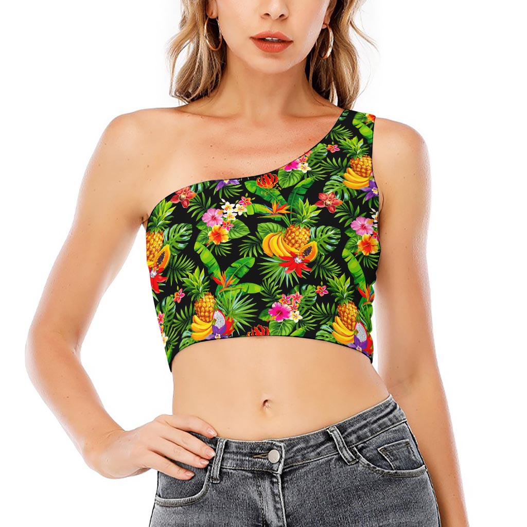 Tropical Hawaiian Fruits Pattern Print One Shoulder Crop Top