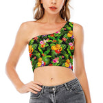 Tropical Hawaiian Fruits Pattern Print One Shoulder Crop Top