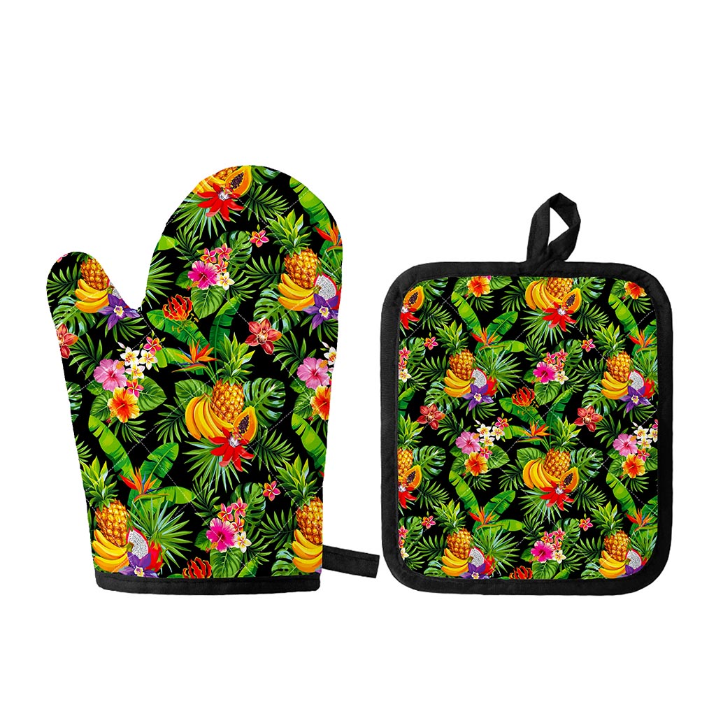 Tropical Hawaiian Fruits Pattern Print Oven Mitt And Pot Holder Set