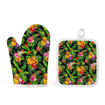 Tropical Hawaiian Fruits Pattern Print Oven Mitt And Pot Holder Set