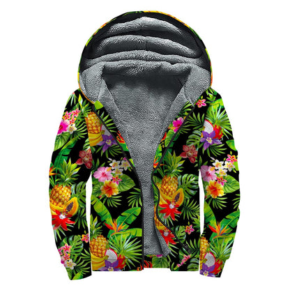 Tropical Hawaiian Fruits Pattern Print Sherpa Lined Zip Up Hoodie