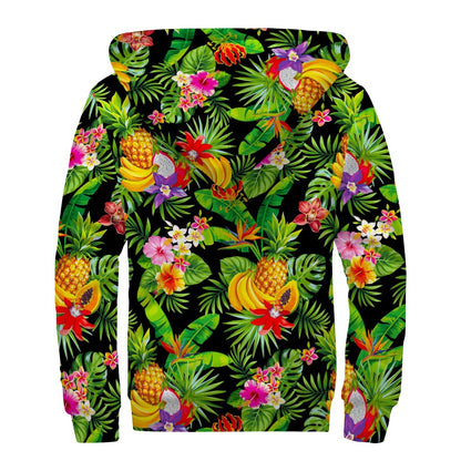 Tropical Hawaiian Fruits Pattern Print Sherpa Lined Zip Up Hoodie