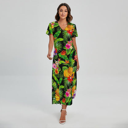 Tropical Hawaiian Fruits Pattern Print Short Sleeve Maxi Dress