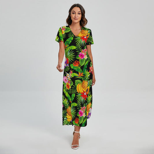 Tropical Hawaiian Fruits Pattern Print Short Sleeve Maxi Dress