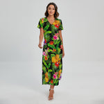 Tropical Hawaiian Fruits Pattern Print Short Sleeve Maxi Dress