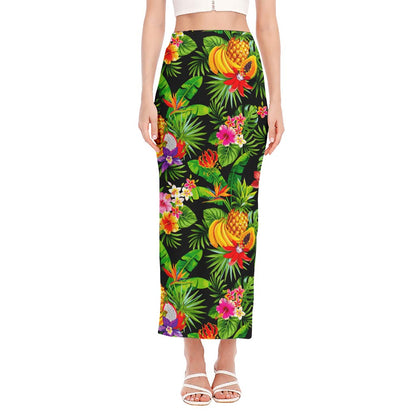 Tropical Hawaiian Fruits Pattern Print Side Slit Maxi Skirt