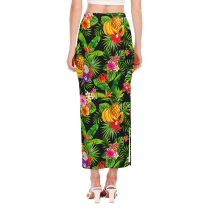 Tropical Hawaiian Fruits Pattern Print Side Slit Maxi Skirt