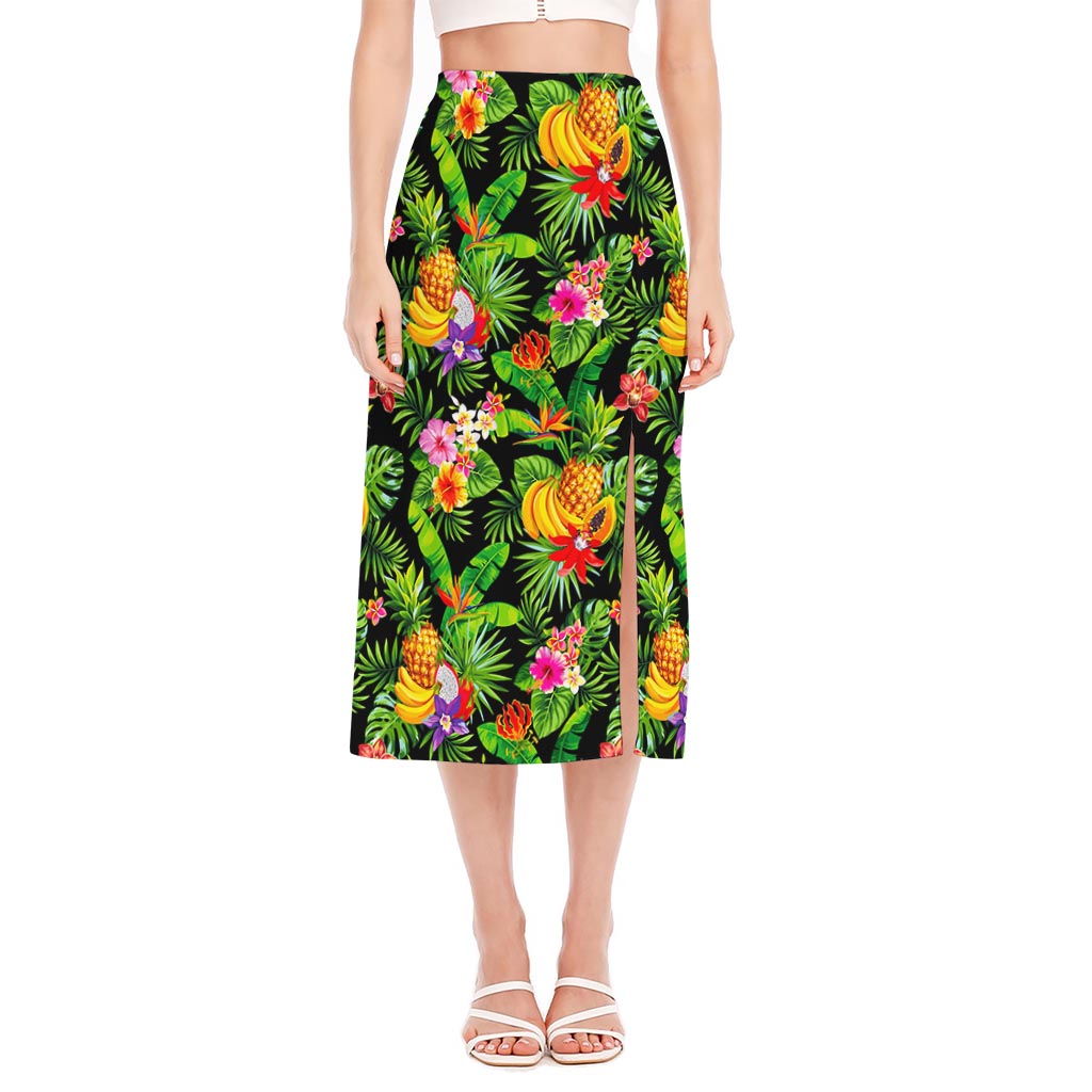 Tropical Hawaiian Fruits Pattern Print Side Slit Midi Skirt