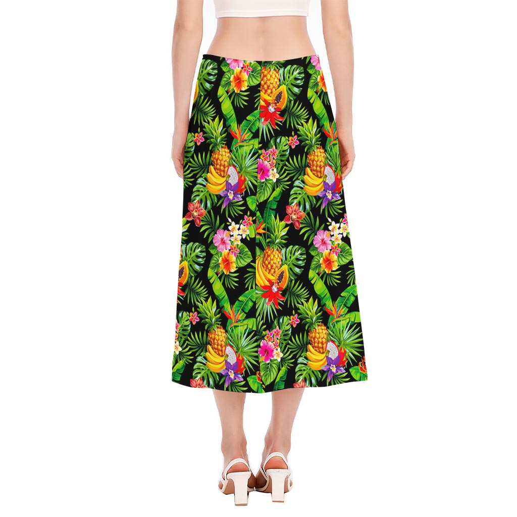 Tropical Hawaiian Fruits Pattern Print Side Slit Midi Skirt