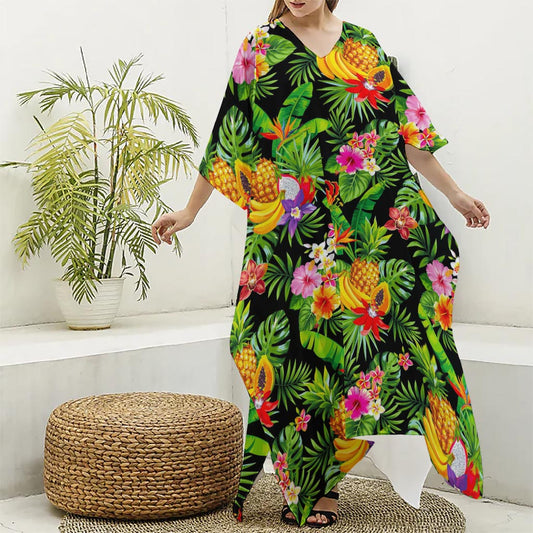 Tropical Hawaiian Fruits Pattern Print Silk V-Neck Kaftan Dress